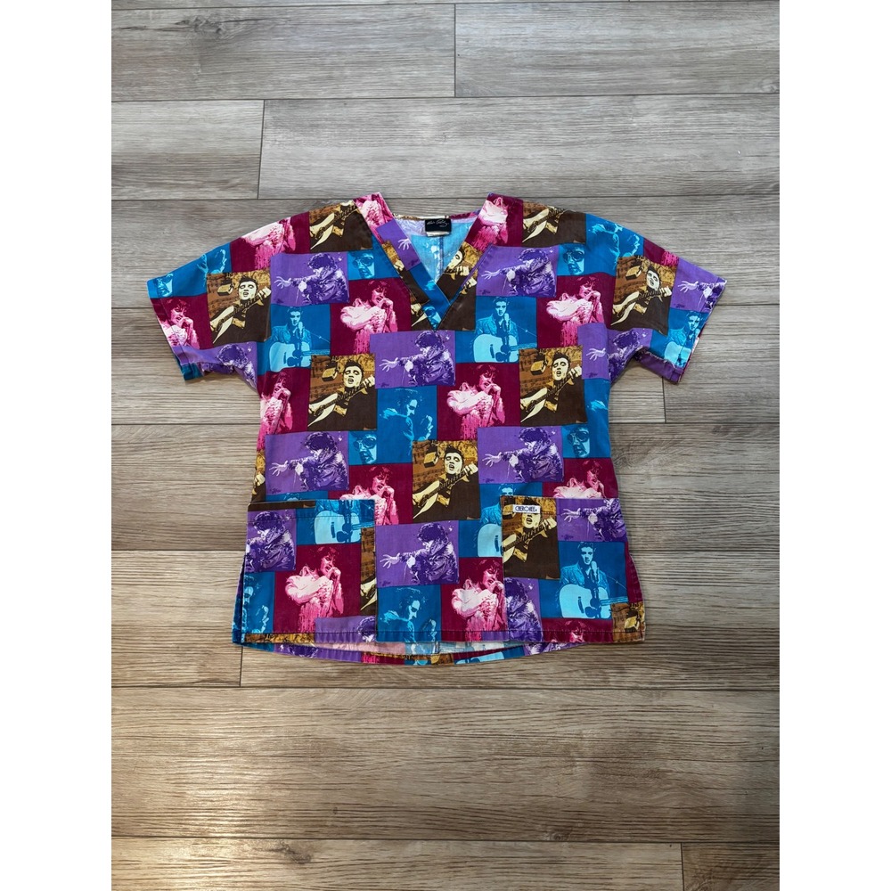 Elvis Presley Pop Art Collage V-Neck Scrub Top Purple Blue Pink Small 34280